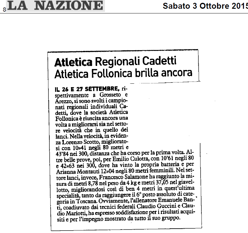 LA NAZIONE 03.10.15 Atletica Regionali Cadeddi Atletica Follonica brilla ancora