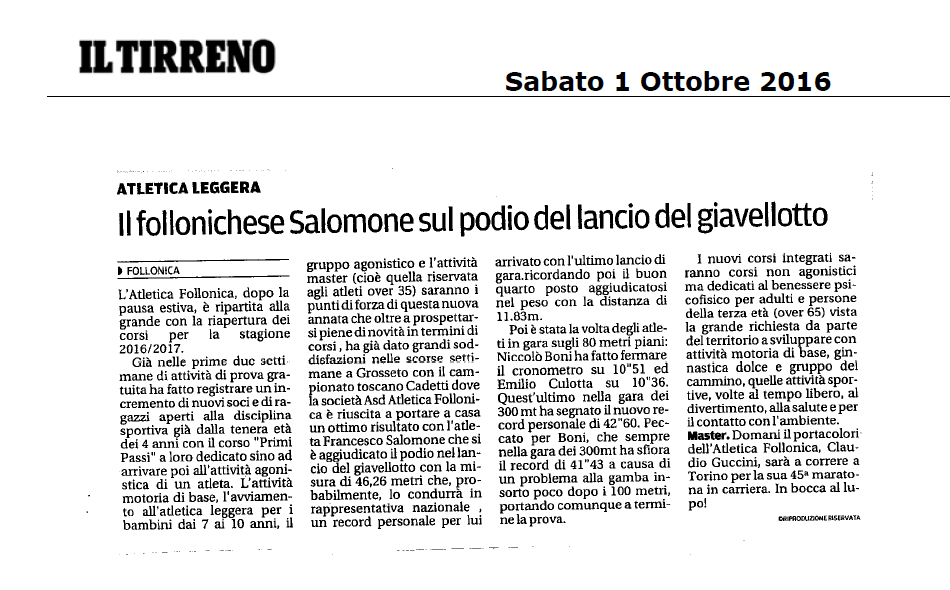 IL TIRRENO 01.10.16 Il follonichese Salomone sul podio del lancio del giavellotto.