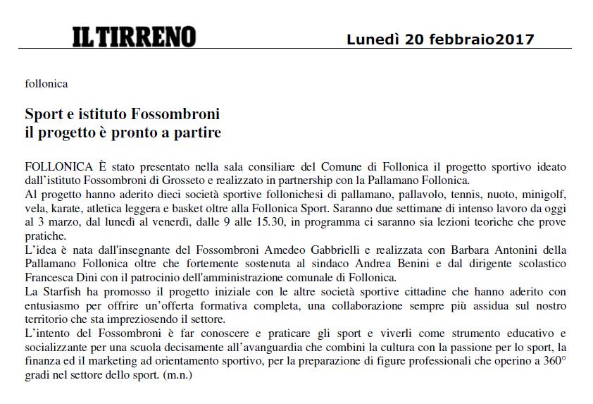IL TIRRENO 20.02.17 Sport e istituto Fossombroni